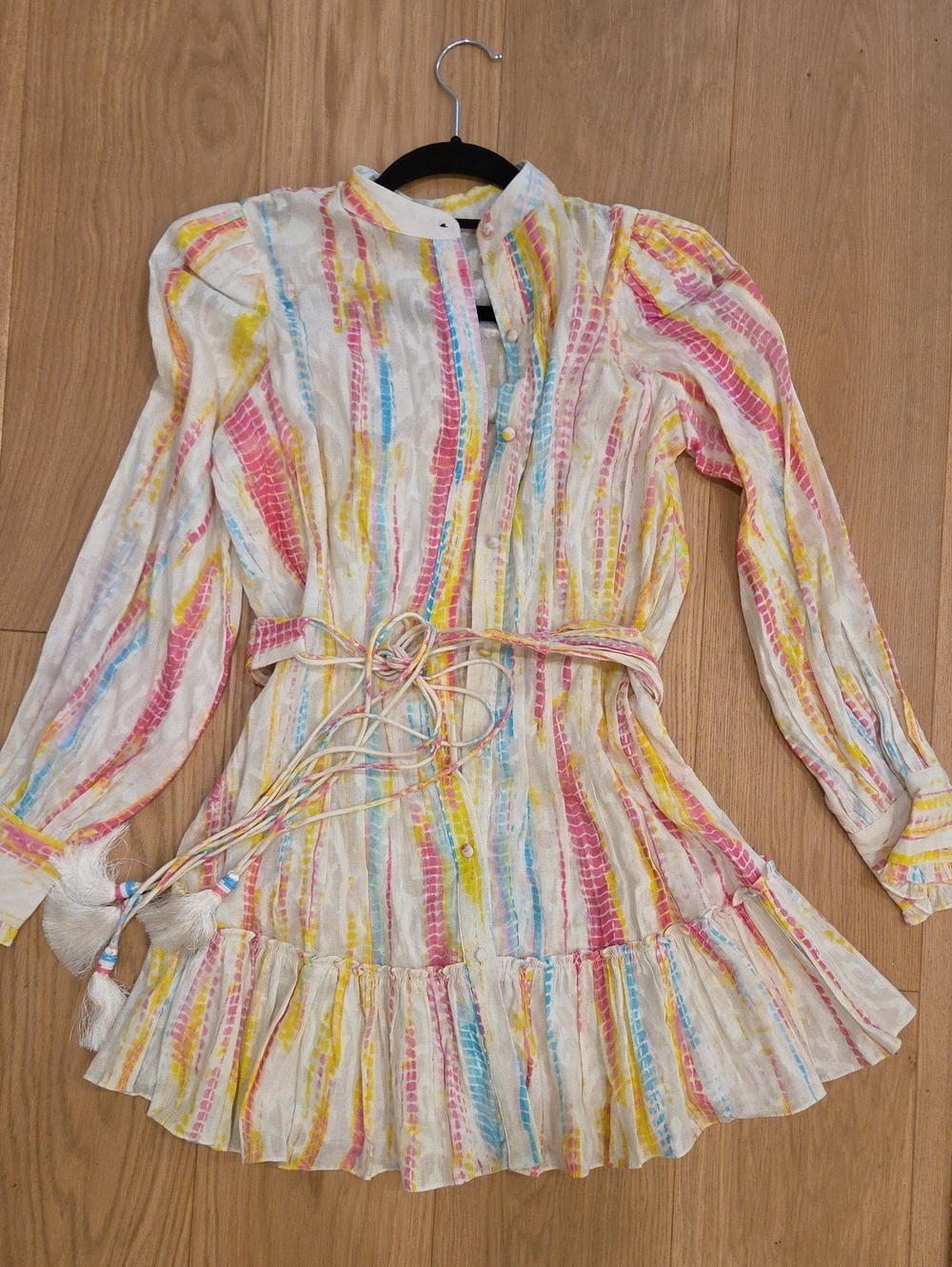 HEMANT & NANDITA White Mini Dress with Pink, Yellow & Blue Stripes